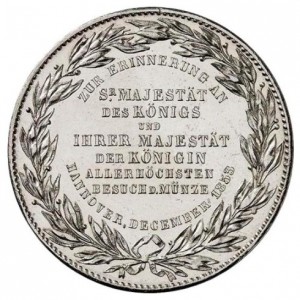 Реверс монеты Королевство Ганновер, 1 талер, 1853, Визит короля на монетный двор Ганновера