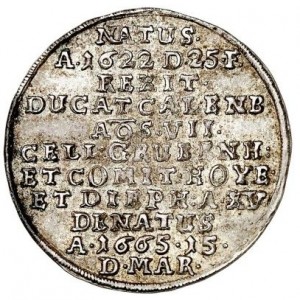 Реверс монеты Герцогство Брауншвейг, ⅛ талера, 1665, Смерть Кристиана Людвига