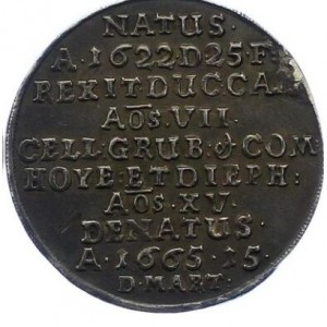 Реверс монеты Герцогство Брауншвейг, ¼ талера, 1665, Смерть Кристиана Людвига
