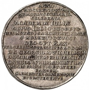 Реверс монеты Герцогство Брауншвейг, 1 талер, 1676, 100 лет университету Хельмштедта