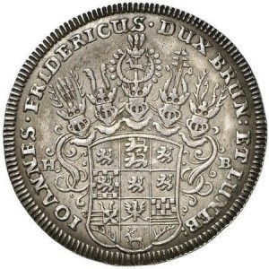 Аверс монеты Герцогство Брауншвейг, ¼ талера, 1679, Смерть Иоганна Фридриха