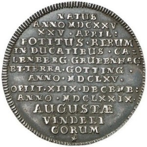 Реверс монеты Герцогство Брауншвейг, ¼ талера, 1679, Смерть Иоганна Фридриха