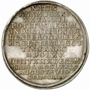 Реверс монеты Герцогство Брауншвейг, 1 талер, 1679, Смерть Иоганна Фридриха /голова на аверсе/