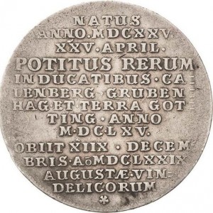 Реверс монеты Герцогство Брауншвейг, 1 талер, 1679, Смерть Иоганна Фридриха /герб на аверсе/