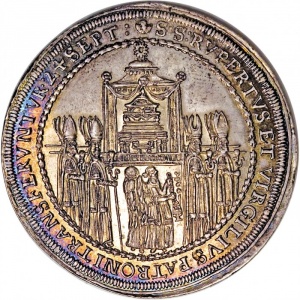 Реверс монеты Архиепископство Зальцбургское, 1 талер, 1628, Освящение митрополичьей церкви Зальцбурга архиепископом П…