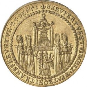 Реверс монеты Архиепископство Зальцбургское, 4 дуката, 1628, Освящение митрополичьей церкви Зальцбурга архиепископом …