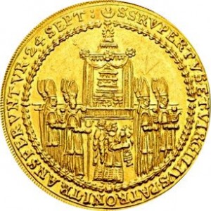 Реверс монеты Архиепископство Зальцбургское, 5 дукатов, 1628, Освящение митрополичьей церкви Зальцбурга архиепископом…