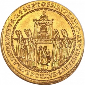 Реверс монеты Архиепископство Зальцбургское, 6 дукатов, 1628, Освящение митрополичьей церкви Зальцбурга архиепископом…
