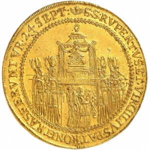 Реверс монеты Архиепископство Зальцбургское, 8 дукатов, 1628, Освящение митрополичьей церкви Зальцбурга архиепископом…