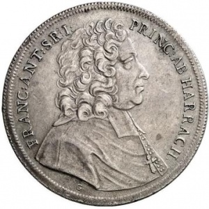 Аверс монеты Архиепископство Зальцбургское, 1 талер, 1723-1727, Маленький бюст Франца Антона на аверсе с инициалом гр…