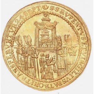 Реверс монеты Архиепископство Зальцбургское, 4 дуката, 1628, Освящение митрополичьей церкви Зальцбурга архиепископом …