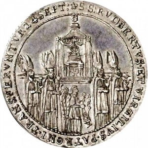 Реверс монеты Зальцбург, ¼ талера, 1628, Освящение митрополичьей церкви Зальцбурга архиепископом Парисом