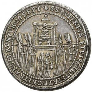 Реверс монеты Зальцбург, ½ талера, 1628, Освящение митрополичьей церкви Зальцбурга архиепископом Парисом