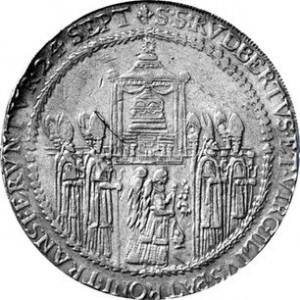 Реверс монеты Зальцбург, 3 талера, 1628, Освящение митрополичьей церкви Зальцбурга архиепископом Парисом /Круг/