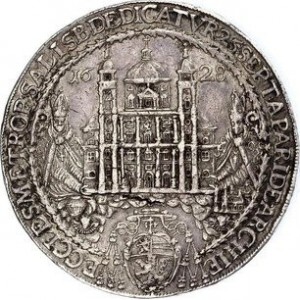 Аверс монеты Зальцбург, 4 талера, 1628, Освящение митрополичьей церкви Зальцбурга архиепископом Парисом /Круг/