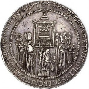 Реверс монеты Зальцбург, 4 талера, 1628, Освящение митрополичьей церкви Зальцбурга архиепископом Парисом /Круг/
