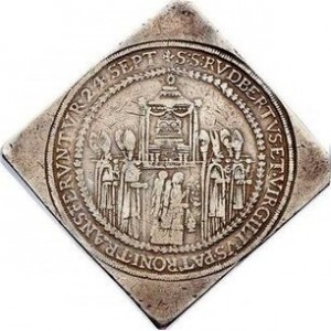 Реверс монеты Зальцбург, 4 талера, 1628, Освящение митрополичьей церкви Зальцбурга архиепископом Парисом /Клиппе/