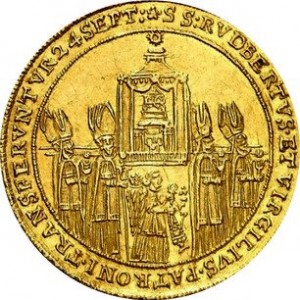 Реверс монеты Зальцбург, 3 дуката, 1628, Освящение митрополичьей церкви Зальцбурга архиепископом Парисом