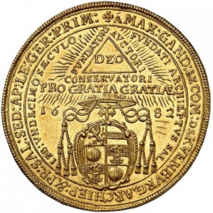 Аверс монеты Зальцбург, 3 дуката, 1682, 1100 лет Епископству /надпись из пяти строк/