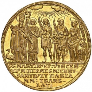 Реверс монеты Зальцбург, 3 дуката, 1682, 1100 лет Епископству /надпись из пяти строк/
