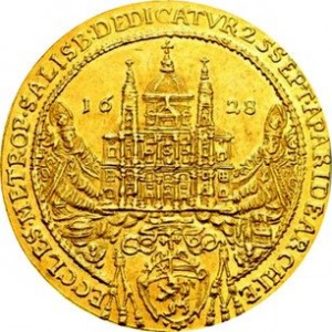Аверс монеты Зальцбург, 5 дукатов, 1628, Освящение митрополичьей церкви Зальцбурга архиепископом Парисом /Круг/