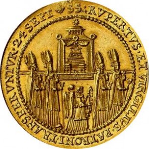 Реверс монеты Зальцбург, 7 дукатов, 1628, Освящение митрополичьей церкви Зальцбурга архиепископом Парисом