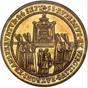 Аверс монеты Зальцбург, 10 дукатов, 1628, Освящение митрополичьей церкви Зальцбурга архиепископом Парисом /Круг/