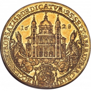 Реверс монеты Зальцбург, 10 дукатов, 1628, Освящение митрополичьей церкви Зальцбурга архиепископом Парисом /Круг/