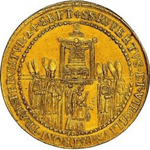 Реверс монеты Зальцбург, 12 дукатов, 1628, Освящение митрополичьей церкви Зальцбурга архиепископом Парисом