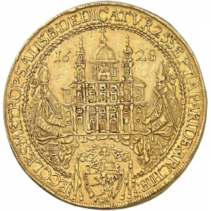 Реверс монеты Зальцбург, 20 дукатов, 1628, Освящение митрополичьей церкви Зальцбурга архиепископом Парисом