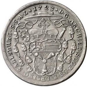 Реверс монеты Зальцбург, 1 талер, 1723-1727, Маленький бюст Франца Антона на аверсе с инициалом гравера