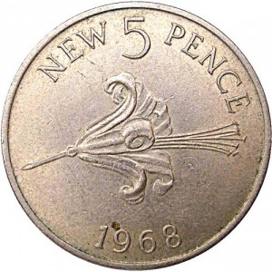 Реверс монеты Гернси, 5 новых пенсов, 1968-1971