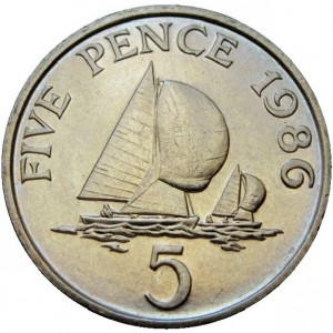 Реверс монеты Гернси, 5 пенсов, 1985-1990