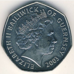 Аверс монеты Гернси, 50 пенсов, 2003, 50 лет коронации Королевы Елизаветы II /королева на троне/