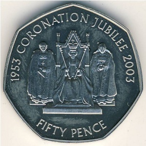 Реверс монеты Гернси, 50 пенсов, 2003, 50 лет коронации Королевы Елизаветы II /королева на троне/