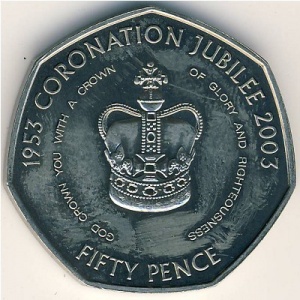Реверс монеты Гернси, 50 пенсов, 2003, 50 лет коронации Королевы Елизаветы II /корона/