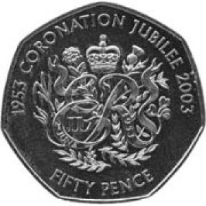 Реверс монеты Гернси, 50 пенсов, 2003, 50 лет коронации Королевы Елизаветы II /монограмма ERII/