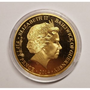 Аверс монеты Гернси, 50 пенсов, 2014, Первая мировая война /Офицерская землянка/