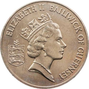 Аверс монеты Гернси, 2 фунта, 1985, 40 лет освобождению
