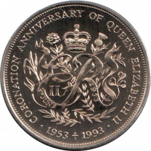 Реверс монеты Гернси, 2 фунта, 1993, 40 лет коронации Королевы Елизаветы II
