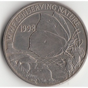 Реверс монеты Гернси, 2 фунта, 1998, Всемирный фонд дикой природы - Лимонницы