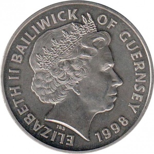 Аверс монеты Гернси, 5 фунтов, 1998, 80 лет Королевским ВВС