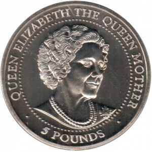 Реверс монеты Гернси, 5 фунтов, 1999, Королева-мать