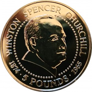 Реверс монеты Гернси, 5 фунтов, 1999, 125 лет со дня рождения Уинстона Черчилля