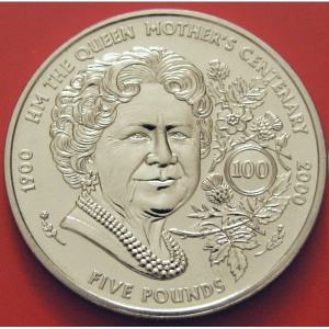 Реверс монеты Гернси, 5 фунтов, 2000, 100 лет со дня рождения Королевы Матери