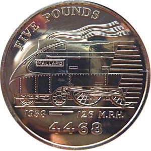 Реверс монеты Гернси, 5 фунтов, 2004, Паровые локомотивы - LNER Class A4 4468 Mallard