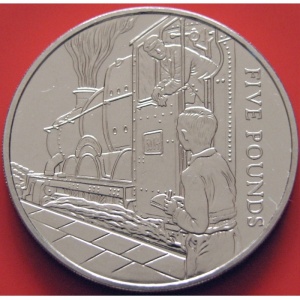 Реверс монеты Гернси, 5 фунтов, 2004, Паровые локомотивы - Корректировщик поездов