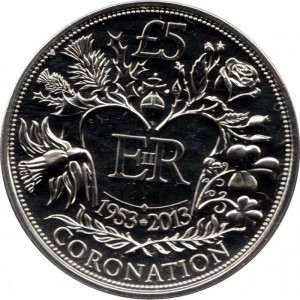 Реверс монеты Гернси, 5 фунтов, 2013, 60 лет коронации Елизаветы II
