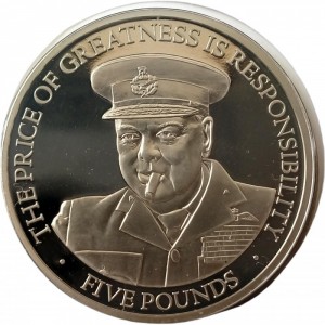 Реверс монеты Гернси, 5 фунтов, 2015, 50-я годовщина смерти Уинстона Черчилля /в шляпе/