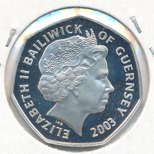 Аверс монеты Гернси, 50 пенсов, 2003, 50 лет коронации Королевы Елизаветы II /королева на лошади/